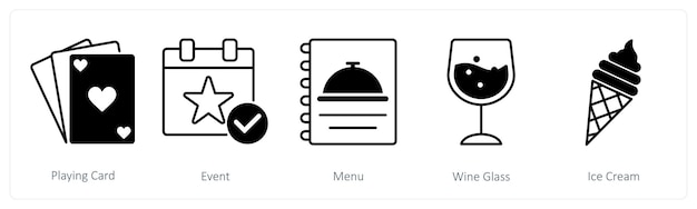 Un conjunto de 5 iconos de fiesta y celebración como menú de eventos de cartas de juego