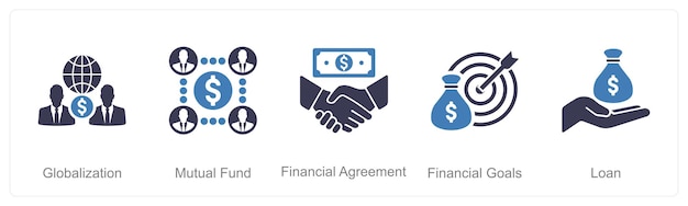 Un conjunto de 5 íconos financieros como acuerdo financiero de fondo mutuo de globalización
