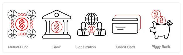 Un conjunto de 5 iconos financieros como fondos mutuos de la globalización bancaria
