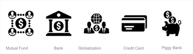 Un conjunto de 5 iconos financieros como fondos mutuos de la globalización bancaria
