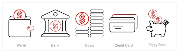 Un conjunto de 5 iconos financieros como monedas bancarias de billetera
