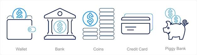 Un conjunto de 5 iconos financieros como monedas bancarias de billetera