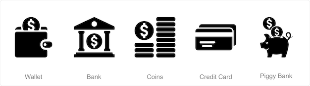 Un conjunto de 5 iconos financieros como monedas bancarias de billetera