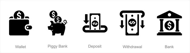 Un conjunto de 5 iconos de finanzas como depósito de alcancía de billetera