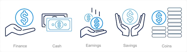 Un conjunto de 5 íconos de finanzas como ganancias en efectivo de finanzas