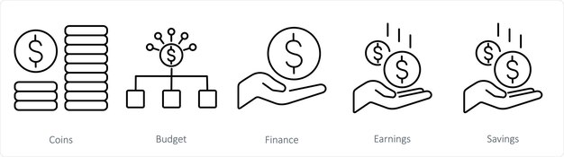 Un conjunto de 5 íconos de finanzas como monedas de finanzas presupuestarias
