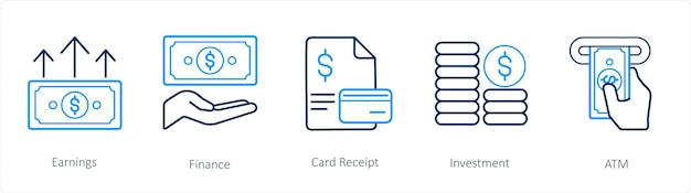 Un conjunto de 5 iconos de finanzas y dinero, como el recibo de la tarjeta de finanzas de ganancias