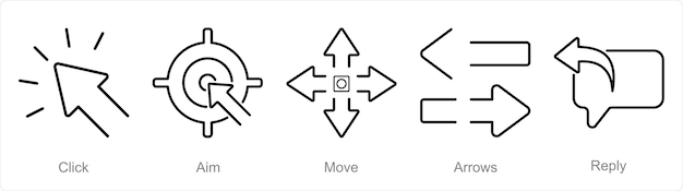 Un conjunto de 5 iconos de flechas al hacer clic en apuntar y mover