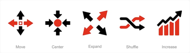 Un conjunto de 5 iconos de flechas a medida que se expande el centro de movimiento