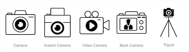 Un conjunto de 5 iconos de fotografía como cámara instantánea cámara de video cámara