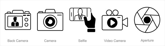 Un conjunto de 5 iconos de fotografía como la cámara trasera de la cámara selfie