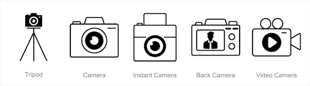 Un conjunto de 5 iconos de fotografía como cámara de trípode cámara instantánea