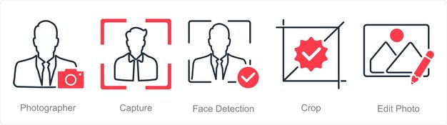 Un conjunto de 5 iconos de fotografía como fotógrafo de captura de detección facial