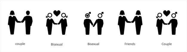 Un conjunto de 5 íconos de género como Amigos de género bisexual