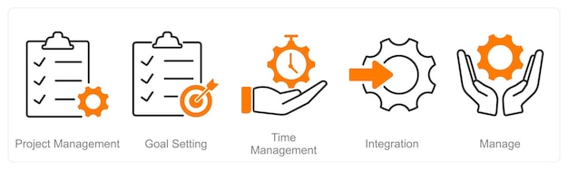Un conjunto de 5 iconos de gestión de proyectos como configuración de objetivos de gestión de proyecto