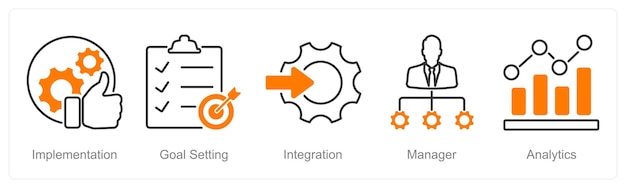 Un conjunto de 5 iconos de gestión de proyectos como integración de la fijación de objetivos de implementación