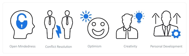 Un conjunto de 5 iconos de habilidades blandas como mentalidad abierta optimismo de resolución de conflictos