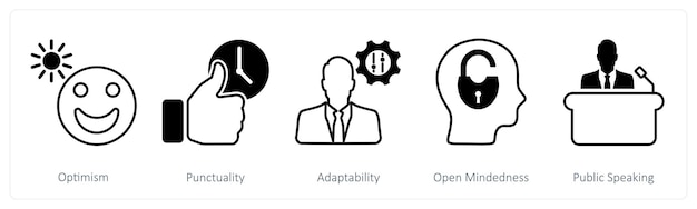 Un conjunto de 5 iconos de habilidades blandas como el optimismo la puntualidad la adaptabilidad