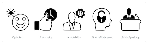 Vector un conjunto de 5 iconos de habilidades blandas como el optimismo la puntualidad la adaptabilidad