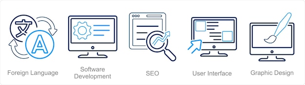 Un conjunto de 5 íconos de habilidades duras como desarrollo de software de lengua extranjera SEO