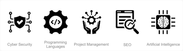 Un conjunto de 5 íconos de habilidades duras como lenguajes de programación de seguridad cibernética gestión de proyectos