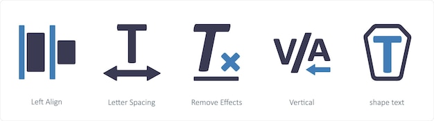 Un conjunto de 5 iconos de herramientas gráficas como Alinear a la izquierda espaciado de letras Eliminar efectos