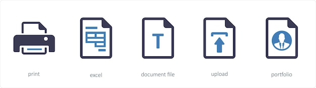 Un conjunto de 5 iconos de herramientas gráficas como el archivo de documento de Excel de impresión