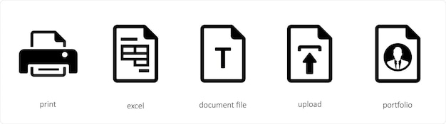 Un conjunto de 5 iconos de herramientas gráficas como el archivo de documento de Excel de impresión