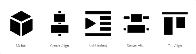 Un conjunto de 5 iconos de herramientas gráficas como la caja 3D Center Align Right indent