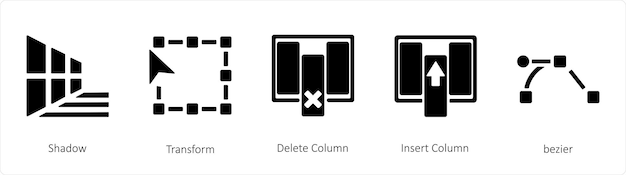 Un conjunto de 5 iconos de herramientas gráficas como la columna de eliminación de Transformación de Sombra