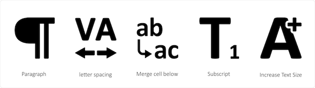 Un conjunto de 5 iconos de herramientas gráficas como el espaciado entre letras del párrafo