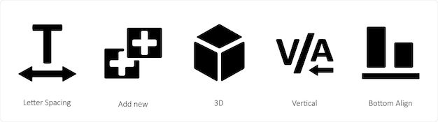 Un conjunto de 5 iconos de herramientas gráficas como el espacio entre letras Añadir nuevo 3D