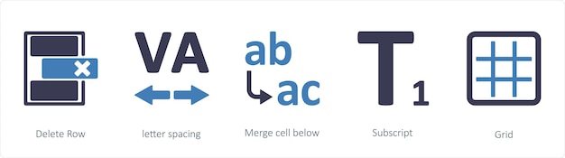 Vector un conjunto de 5 iconos de herramientas gráficas, como el espacio entre letras de la fila de eliminación