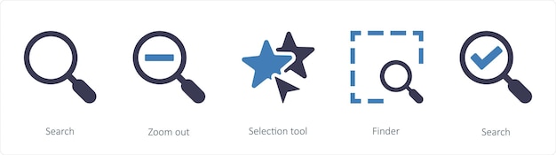 Un conjunto de 5 iconos de herramientas gráficas como la herramienta de búsqueda, zoom y selección