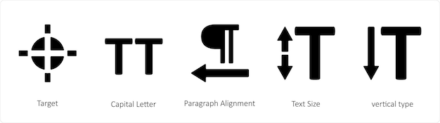 Un conjunto de 5 iconos de herramientas gráficas como la letra mayúscula de destino Alineación del párrafo