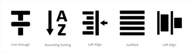 Un conjunto de 5 iconos de herramientas gráficas como línea a través de clasificación ascendente