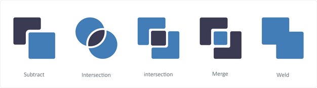 Un conjunto de 5 iconos de herramientas gráficas como Sustraer Intersección Fusionar