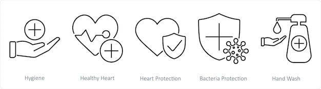 Un conjunto de 5 íconos de higiene como higiene corazón saludable protección del corazón