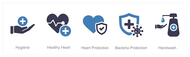 Un conjunto de 5 íconos de higiene como higiene corazón saludable protección del corazón