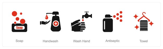 Un conjunto de 5 iconos de higiene como jabón para lavarse las manos