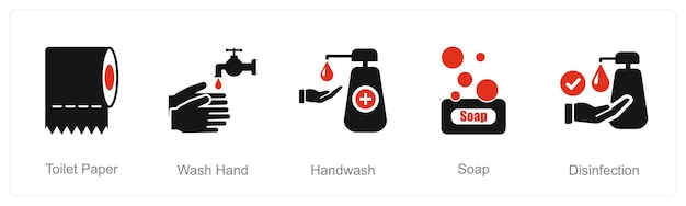 Un conjunto de 5 iconos de higiene como papel higiénico para lavarse a mano