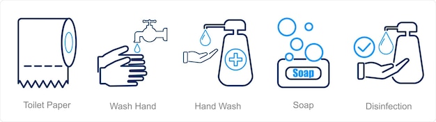 Un conjunto de 5 iconos de higiene como papel higiénico para lavarse a mano