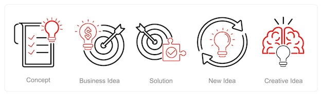 Un conjunto de 5 íconos de idea como solución de idea de negocio de concepto