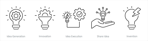 Un conjunto de 5 iconos de ideas como generación de ideas, innovación y ejecución de ideas