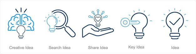 Un conjunto de 5 íconos de ideas como idea creativa búsqueda idea compartir idea