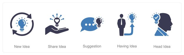 Un conjunto de 5 iconos de ideas como nueva idea compartir sugerencia de idea