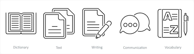 Un conjunto de 5 iconos de idioma como escritura de texto de diccionario