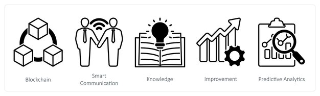 Un conjunto de 5 iconos industriales como conocimiento de comunicación inteligente de blockchain