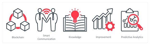 Un conjunto de 5 iconos industriales como conocimiento de comunicación inteligente de blockchain