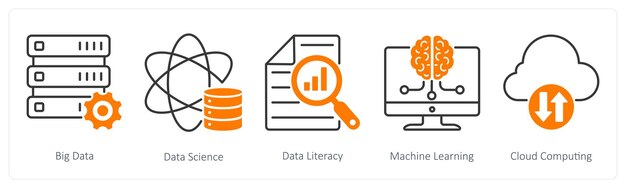 Un conjunto de 5 íconos industriales como grandes datos ciencia de datos alfabetización de datos